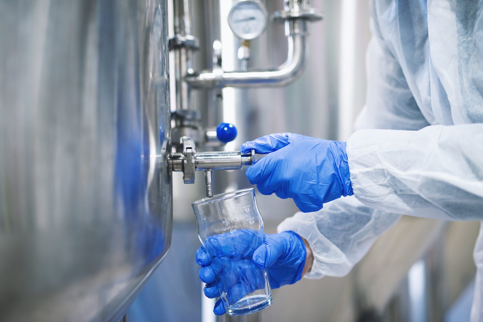 Close up view of hands in protective gloves opening tap valve and filling glass with samples from industrial machine reservoir.